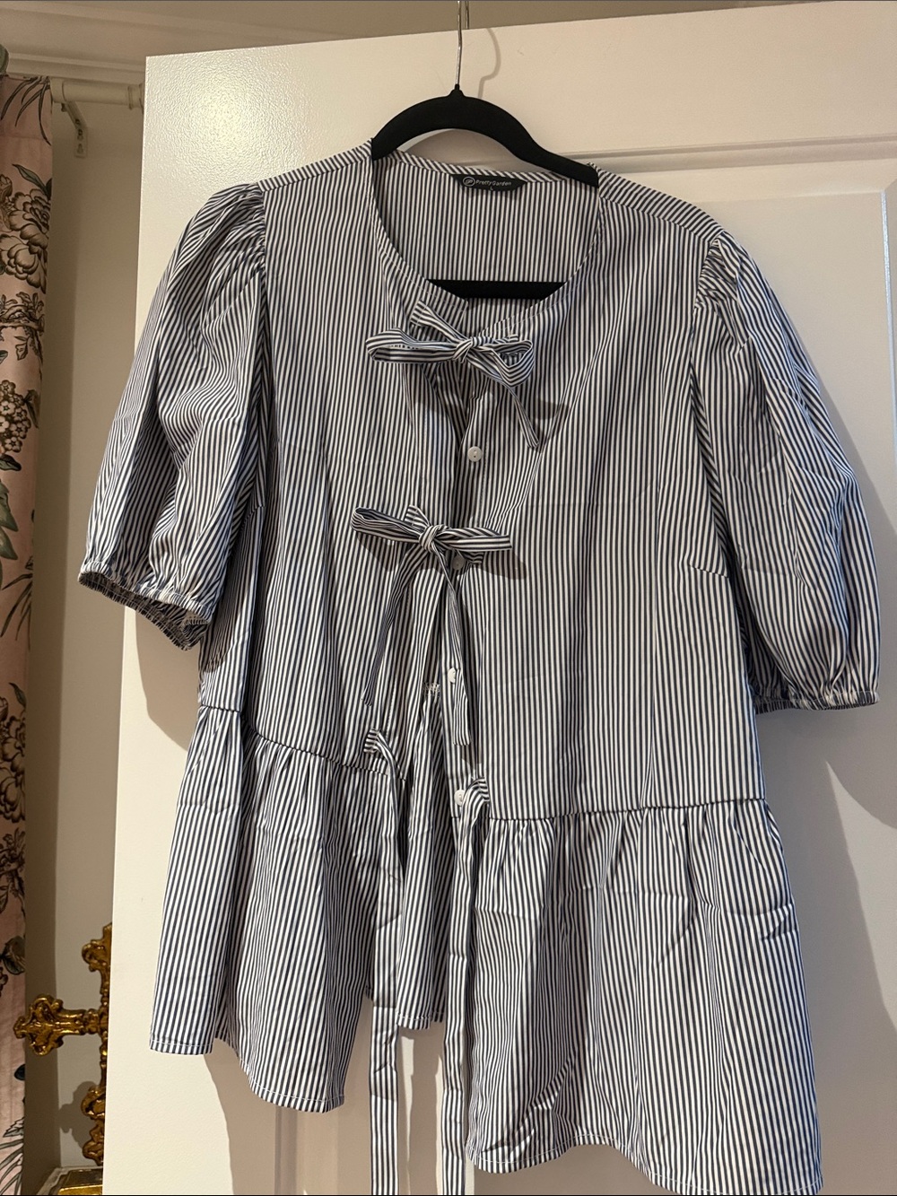 Striped Bow-Tie Peplum Tunic Top - Blue/White
